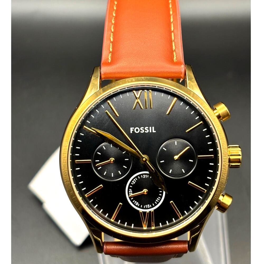 Fossil Fenmore BQM2404 Men's Multifunction Gold Tone Leather Strap Watch NIBWT